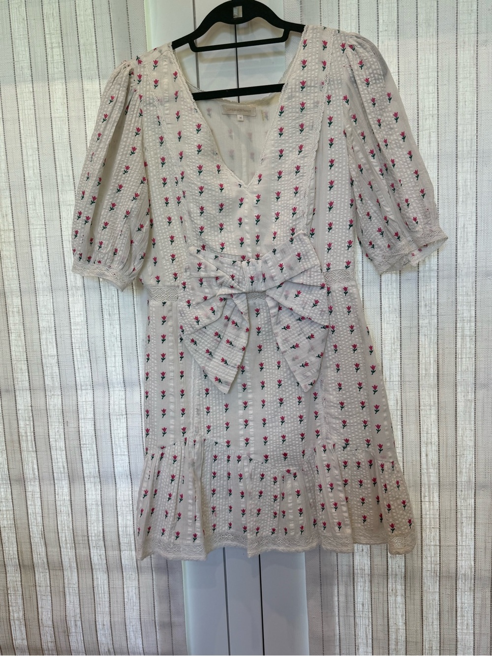 LoveShackFancy Cream Mini Dress with Pink Floral Bow